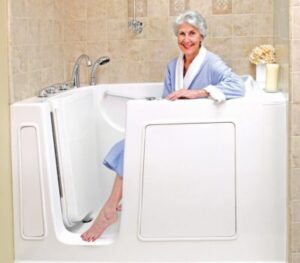 An Elderly Woman Smiles as She Prepares to Step Out of Her Walk-In Tub